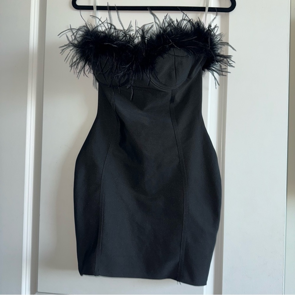 Superdown Strapless Black Dress with Feather Detail